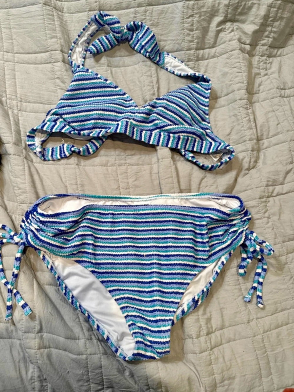 Lands' End White Bikini Bottom with Teal & Blue Trim